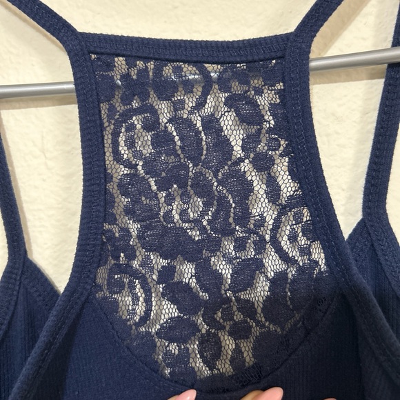 No Boundaries Navy Blue Ribbed Racerback Tank Top with Floral Lace Back Inset - Picture 7 of 8